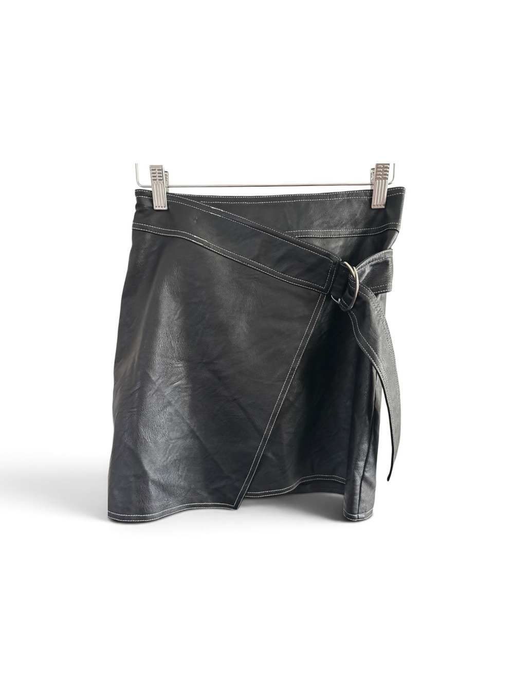 Topshop Faux Leather Wrap Mini Skirt US 2 Black Belted Moto GothContrast Stitch